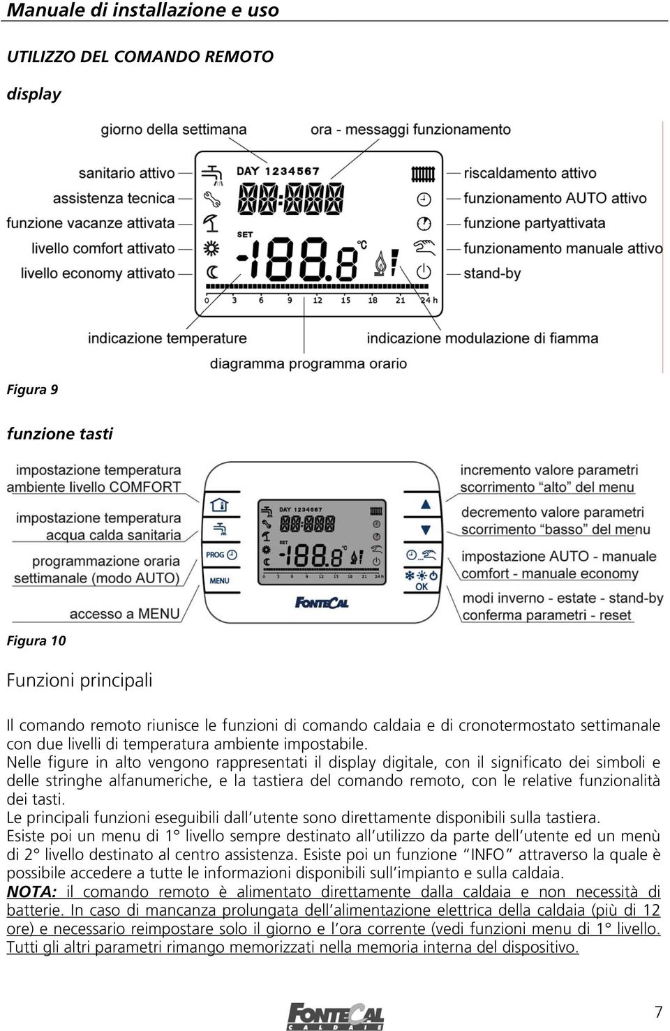 Nelle figure in alto vengono rappresentati il display digitale, con il significato dei simboli e delle stringhe alfanumeriche, e la tastiera del comando remoto, con le relative funzionalità dei tasti.