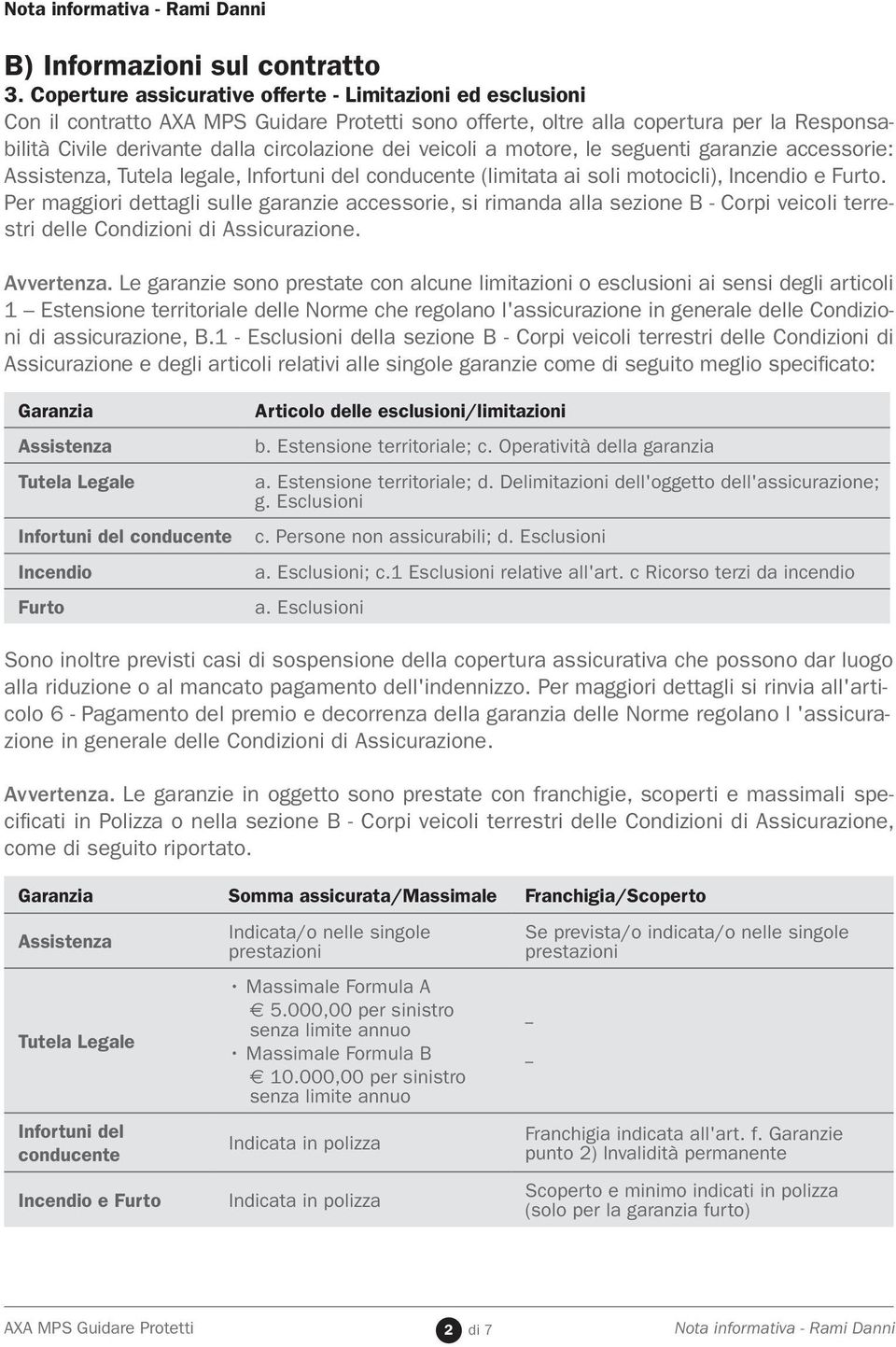 seguenti garanzie accessorie: Assistenza, Tutela legale, Infortuni del conducente (limitata ai soli motocicli), Incendio e Furto.