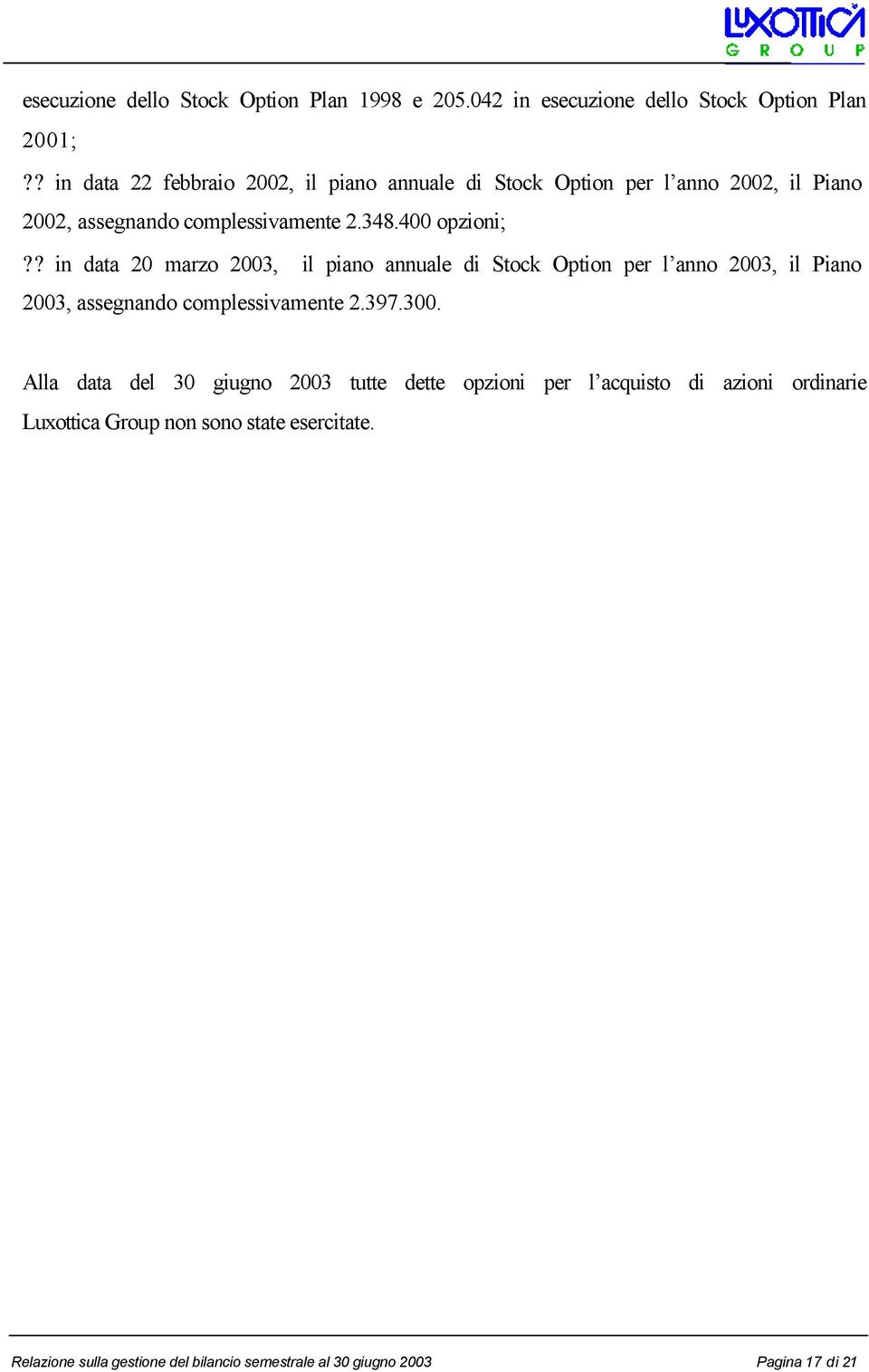 ? in data 20 marzo 2003, il piano annuale di Stock Option per l anno 2003, il Piano 2003, assegnando complessivamente 2.397.300.