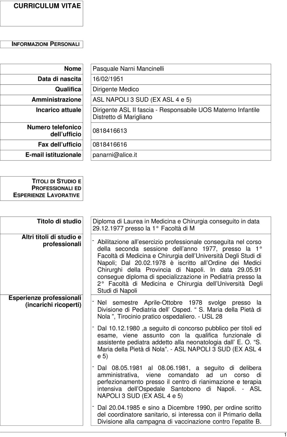 it TITOLI DI STUDIO E PROFESSIONALI ED ESPERIENZE LAVORATIVE Titolo di studio Altri titoli di studio e professionali Esperienze professionali (incarichi ricoperti) Diploma di Laurea in Medicina e