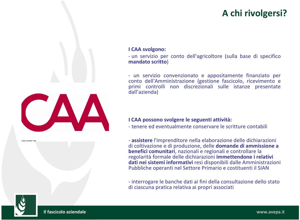 fascicolo, ricevimento e primi controlli non discrezionali sulle istanze presentate dall azienda) I CAA possono svolgere le seguenti attività: tenere ed eventualmente conservare le scritture