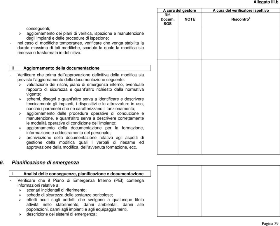 ii Aggiornamento della documentazione - Verificare che prima dell'approvazione definitiva della modifica sia previsto l aggiornamento della documentazione seguente: valutazione dei rischi, piano di