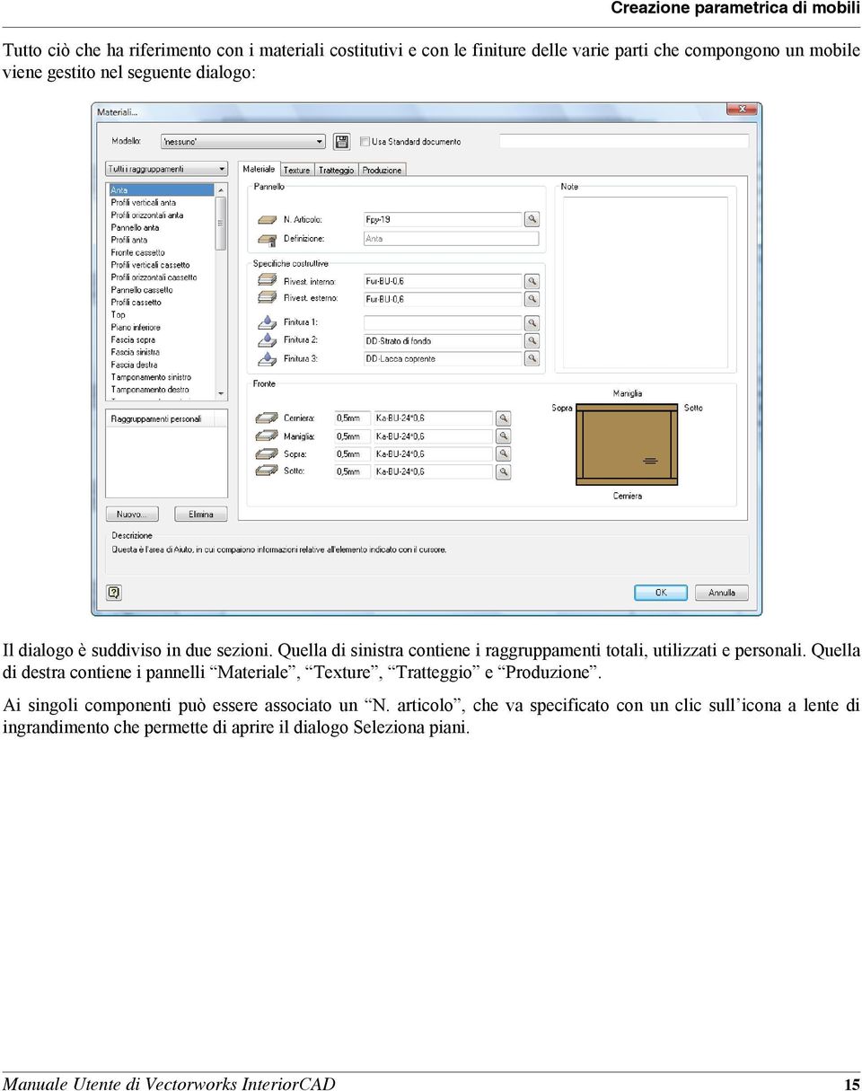 Quella di destra contiene i pannelli Materiale, Texture, Tratteggio e Produzione. Ai singoli componenti può essere associato un N.