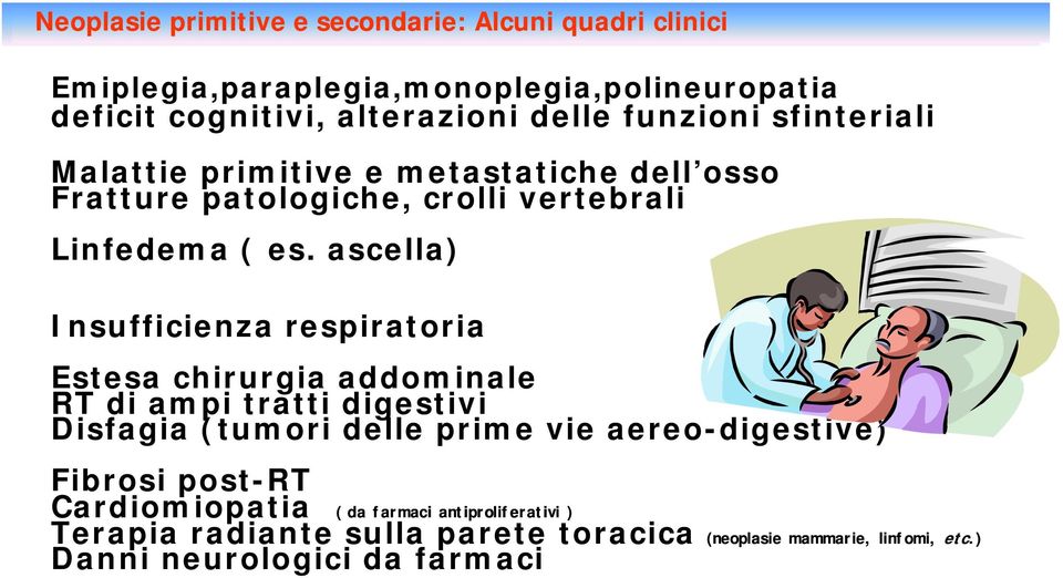 ascella) Insufficienza respiratoria Estesa chirurgia i addominale RT di ampi tratti digestivi Disfagia (tumori delle prime vie aereo-digestive)