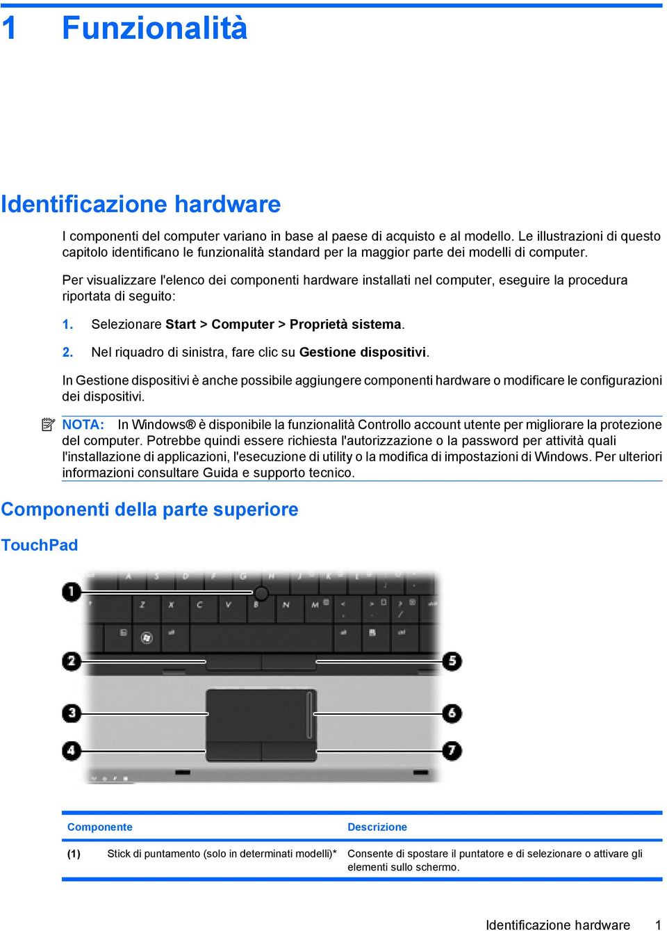 Per visualizzare l'elenco dei componenti hardware installati nel computer, eseguire la procedura riportata di seguito: 1. Selezionare Start > Computer > Proprietà sistema. 2.