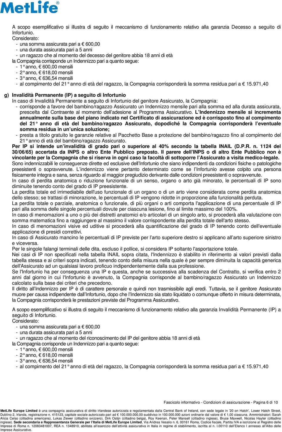 Indennizzo pari a quanto segue: - 1 anno, 600,00 mensili - 2 anno, 618,00 mensili - 3 anno, 636,54 mensili - al compimento del 21 anno di età del ragazzo, la Compagnia corrisponderà la somma residua