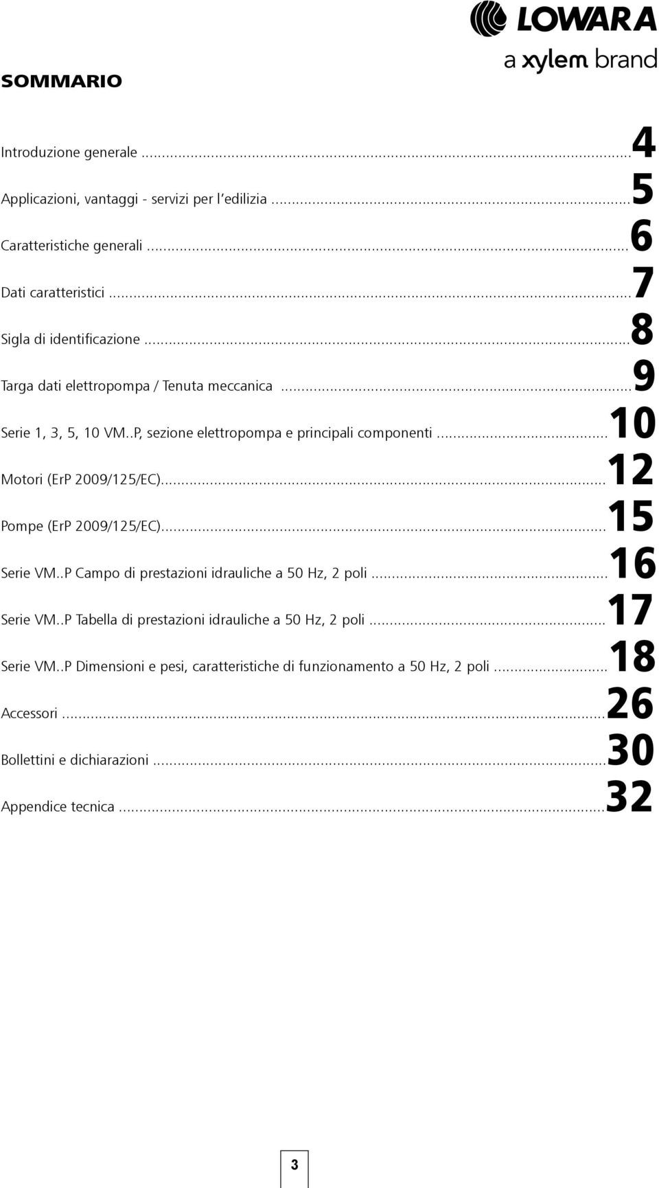 ..10 Motori (ErP 2009/125/EC)...12 Pompe (ErP 2009/125/EC)...15 Serie VM..P Campo di prestazioni idrauliche a 50 Hz, 2 poli...16 Serie VM.