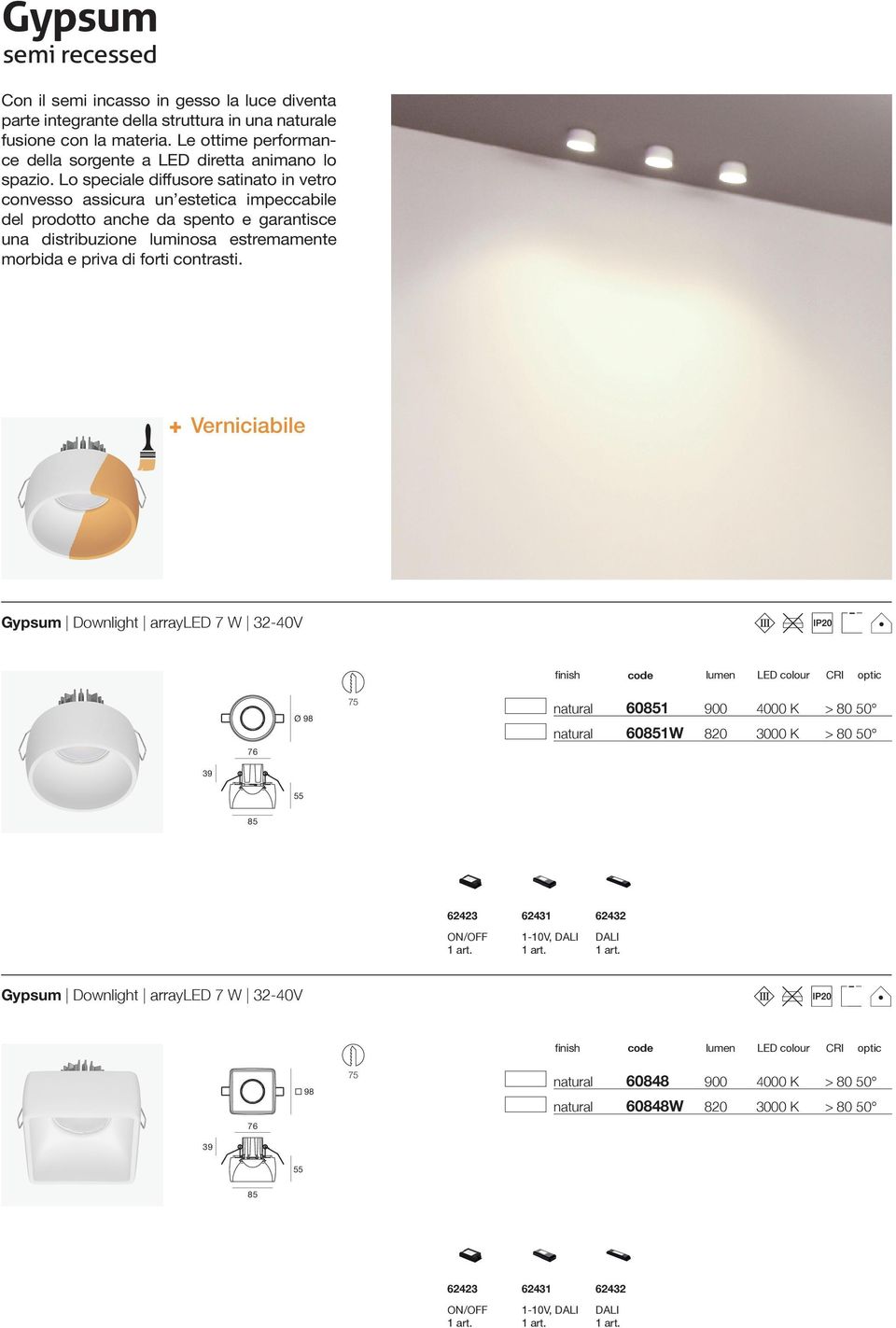 Lo speciale diffusore satinato in vetro convesso assicura un estetica impeccabile del prodotto anche da spento e garantisce una distribuzione luminosa estremamente