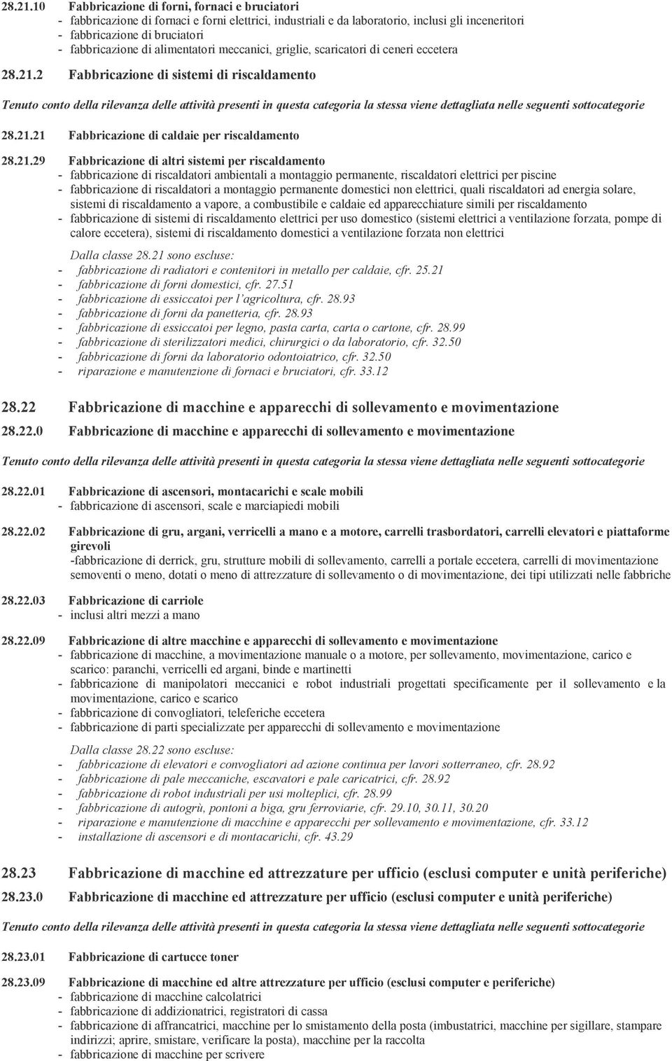 alimentatori meccanici, griglie, scaricatori di ceneri eccetera 2 Fabbricazione di sistemi di riscaldamento 21 Fabbricazione di caldaie per riscaldamento 29 Fabbricazione di altri sistemi per