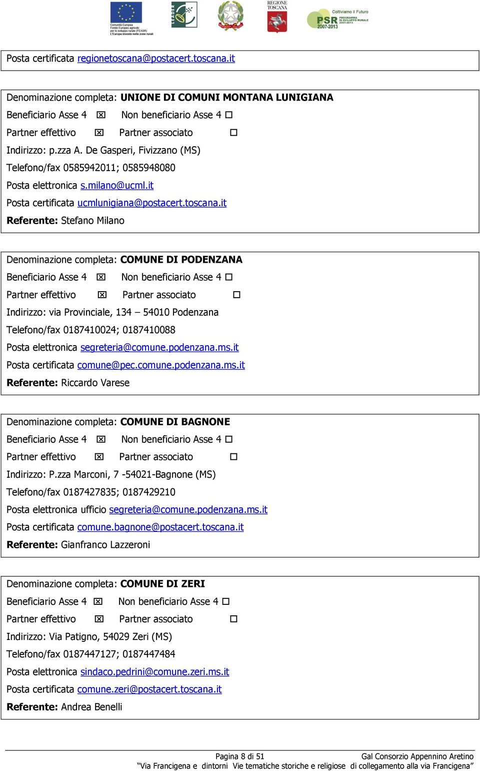 it Referente: Stefano Milano Denominazione completa: COMUNE DI PODENZANA Indirizzo: via Provinciale, 134 54010 Podenzana Telefono/fax 0187410024; 0187410088 Posta elettronica segreteria@comune.