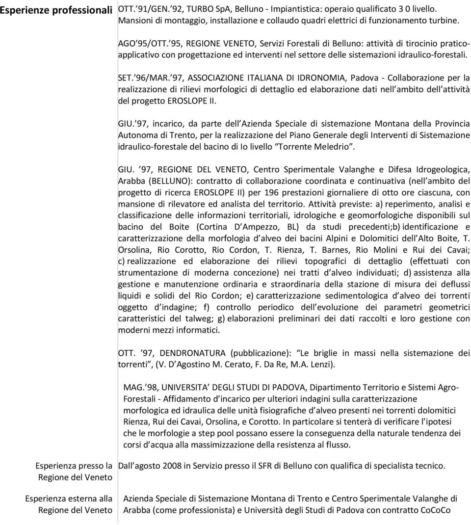 95, REGIONE VENETO, Servizi Forestali di Belluno: attività di tirocinio praticoapplicativo con progettazione ed interventi nel settore delle sistemazioni idraulico-forestali. SET. 96/MAR.