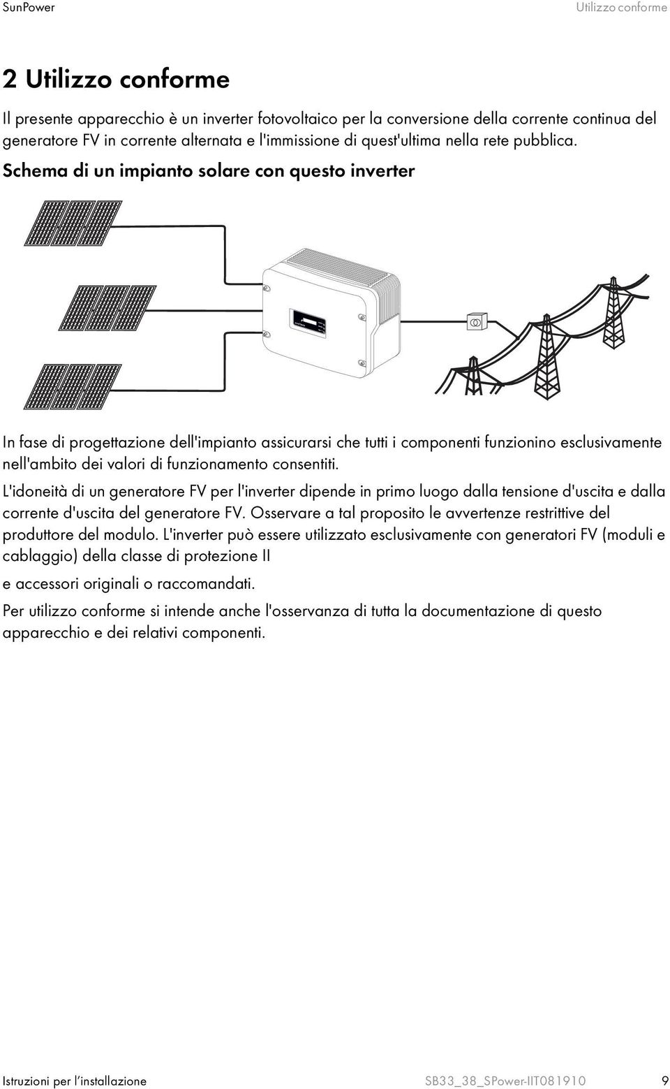 Schema di un impianto solare con questo inverter In fase di progettazione dell'impianto assicurarsi che tutti i componenti funzionino esclusivamente nell'ambito dei valori di funzionamento consentiti.