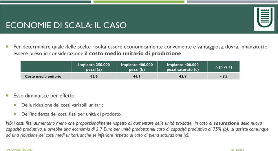 000 pezzi saturato (c) (b vs a) Costo medio unitario 45,6 44,1 42,9-3% Esso diminuisce per effetto: Della riduzione dei costi variabili unitari; Dell incidenza dei costi fissi per unità di prodotto.