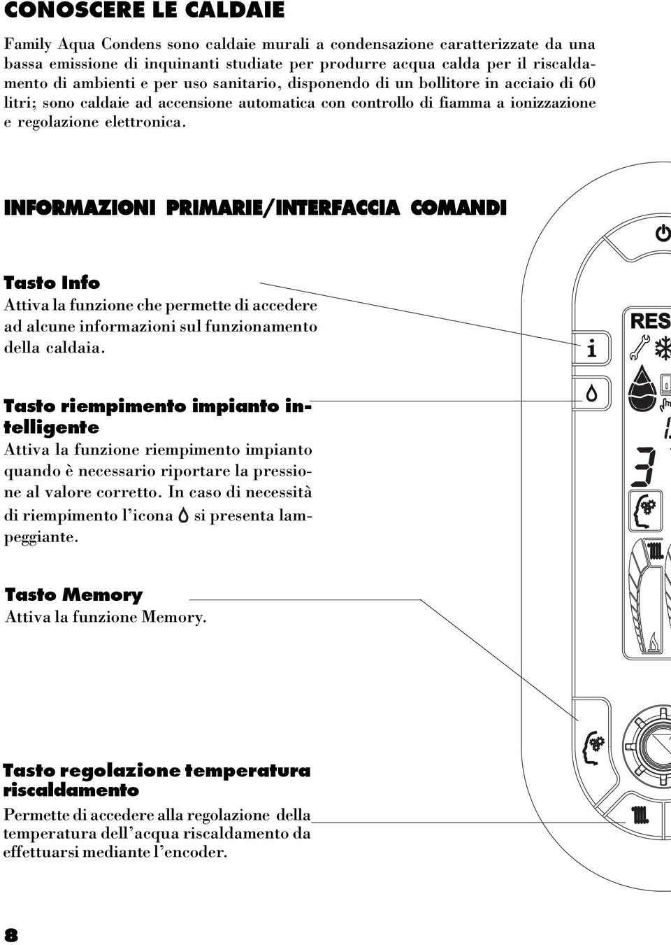 INFORMAZIONI PRIMARIE/INTERFACCIA COMANDI Tasto Info Attiva la funzione che permette di accedere ad alcune informazioni sul funzionamento della caldaia.