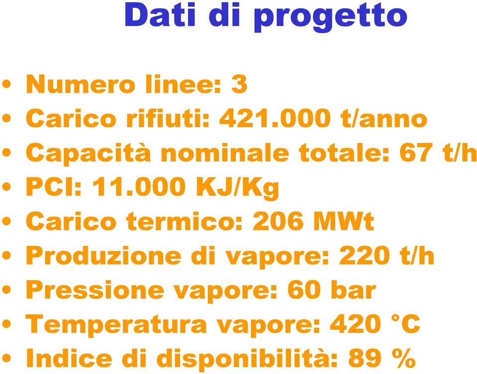 000 KJ/Kg Carico termico: 206 MWt Produzione di vapore: 220