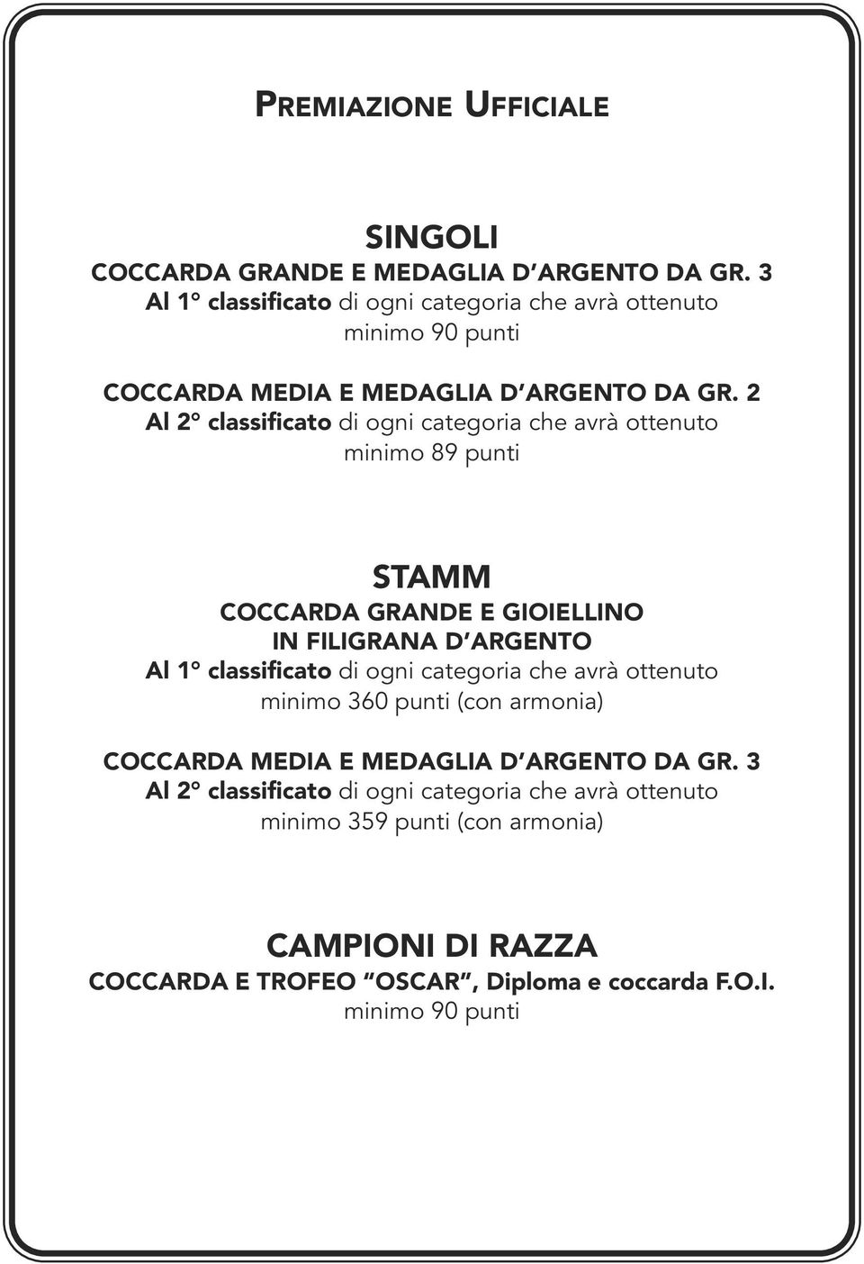 2 Al 2 classificato di ogni categoria che avrà ottenuto minimo 89 punti STAMM COCCARDA GRANDE E GIOIELLINO IN FILIGRANA D ARGENTO Al 1 classificato di