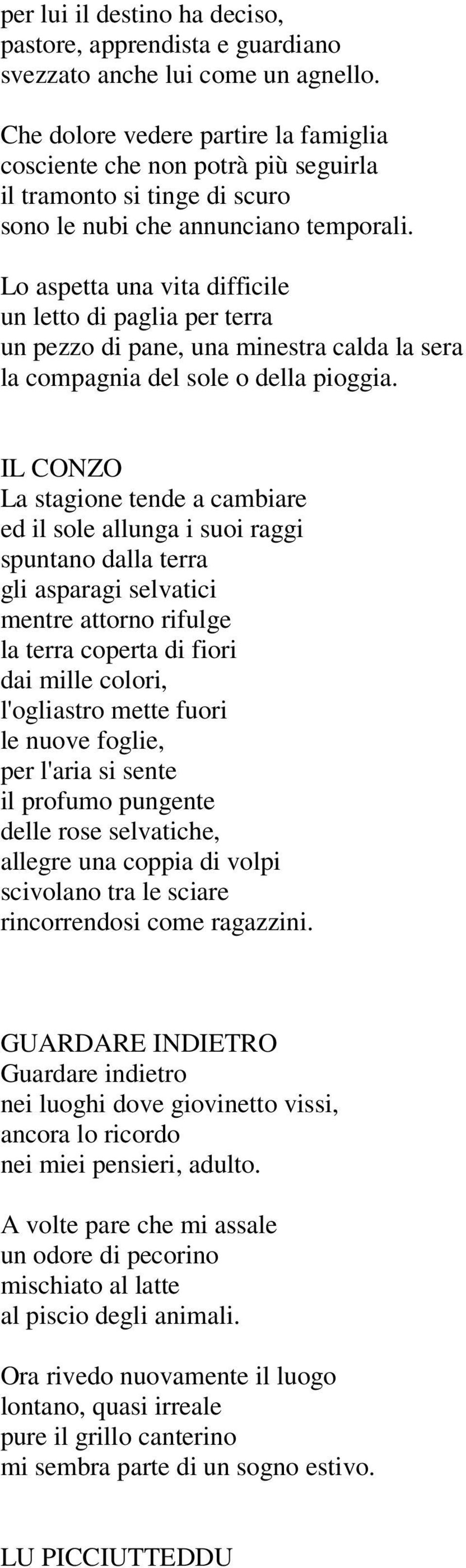 Lo aspetta una vita difficile un letto di paglia per terra un pezzo di pane, una minestra calda la sera la compagnia del sole o della pioggia.