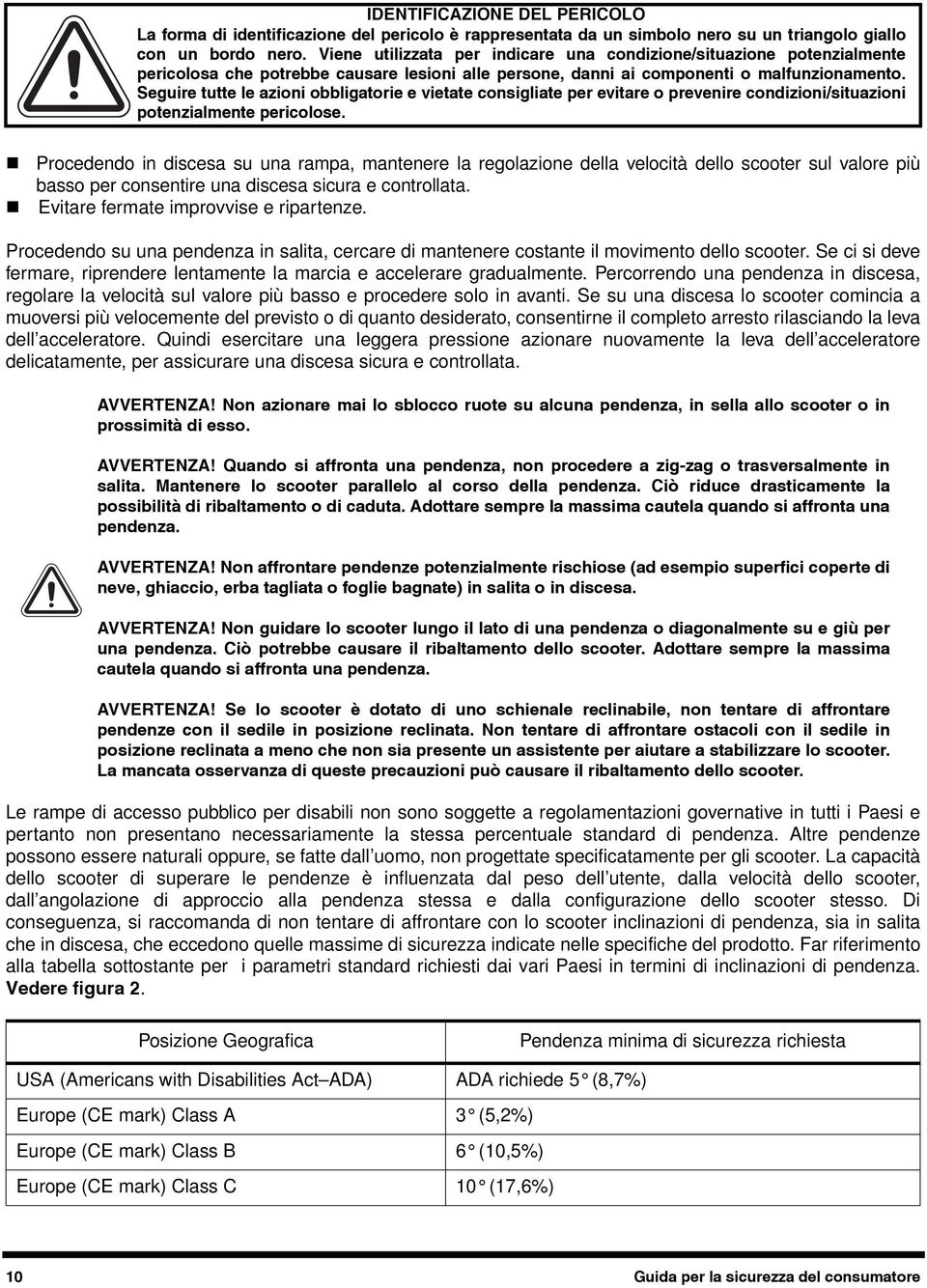 Percorrendo una pendenza in discesa, regolare la velocità sul valore più basso e procedere solo in avanti.