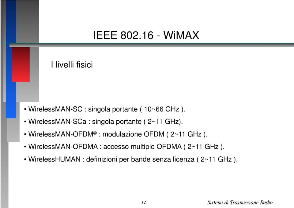 WirelessMAN-OFDM : modulazione OFDM ( 2~11 GHz ).