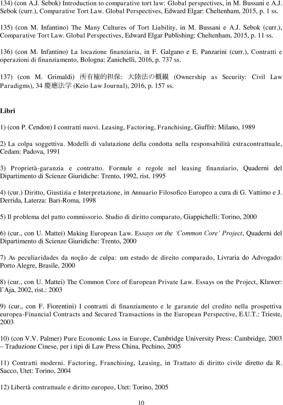 136) (con M. Infantino) La locazione finanziaria, in F. Galgano e E. Panzarini (curr.), Contratti e operazioni di finanziamento, Bologna: Zanichelli, 2016, p. 737 ss. 137) (con M.