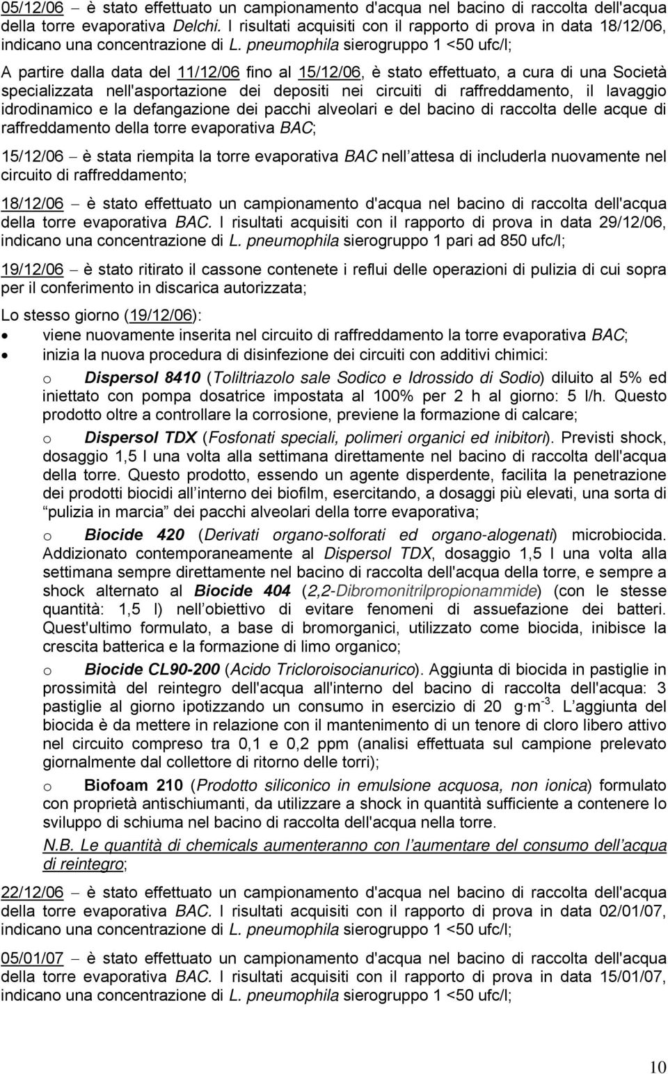 pneumophila sierogruppo 1 <50 ufc/l; A partire dalla data del 11/12/06 fino al 15/12/06, è stato effettuato, a cura di una Società specializzata nell'asportazione dei depositi nei circuiti di