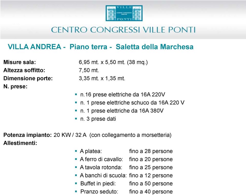 3 prese dati Potenza impianto: 20 KW / 32 A (con collegamento a morsetteria) Allestimenti: A platea: A ferro di cavallo: fino a 28