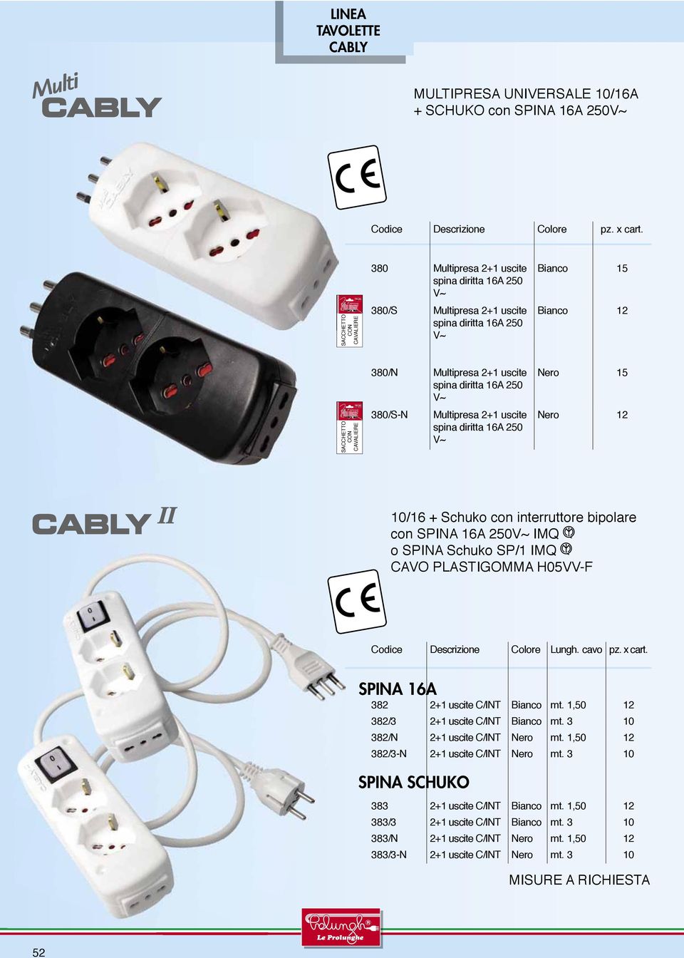 uscite spina diritta 16A 250 V~ Nero 15 Nero 12 10/16 + Schuko con interruttore bipolare con SPINA 16A 250V~ IMQ o SPINA Schuko SP/1 IMQ CAVO PLASTIGOMMA H05VV-F Codice Descrizione Colore Lungh.