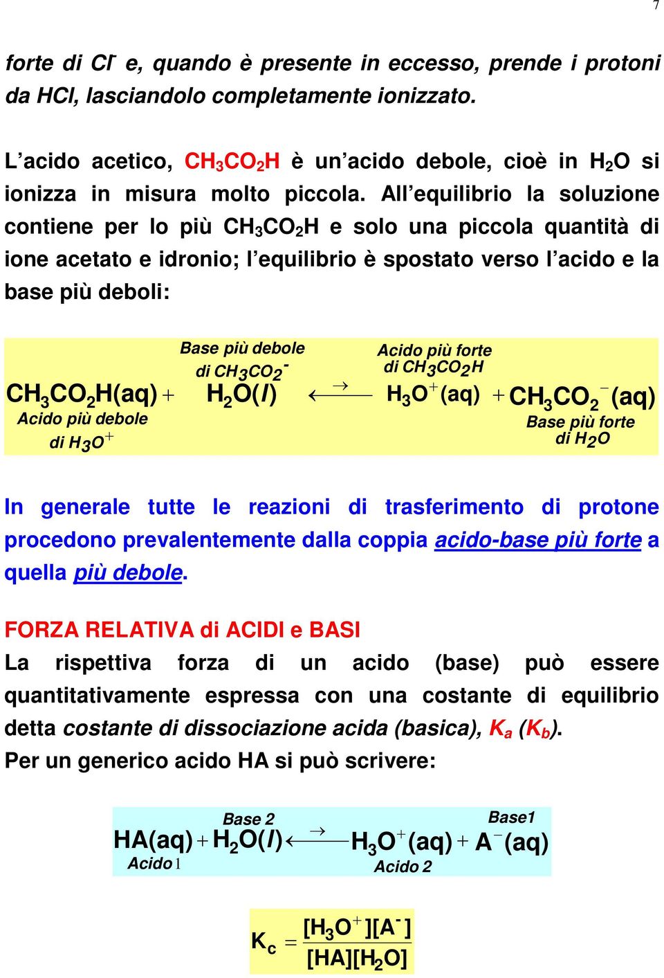 COH HO( l ) HO CHCO Acido più debole di H O Base più debole di CHCO Base più forte di H O In generale tutte le reazioni di trasferimento di protone procedono prevalentemente dalla coppia acidobase