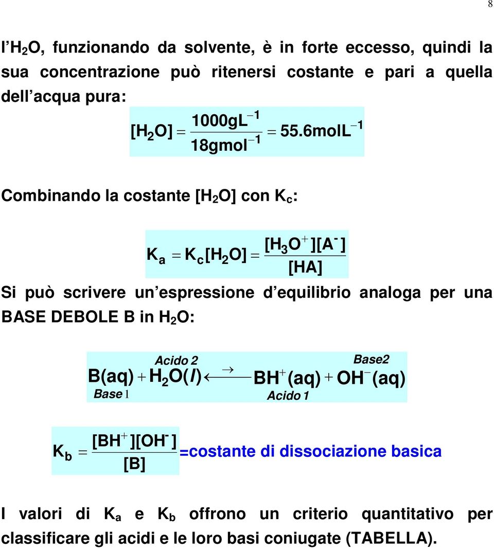 6molL 1 18gmol 1 Combinando la costante [H O] con K c : K a K c [HO ][A ] [HO] [HA] Si può scrivere un espressione d equilibrio