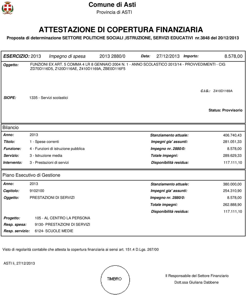 1 - ANNO SCOLASTICO 2013/14 - PROVVEDIMENTI - CIG 