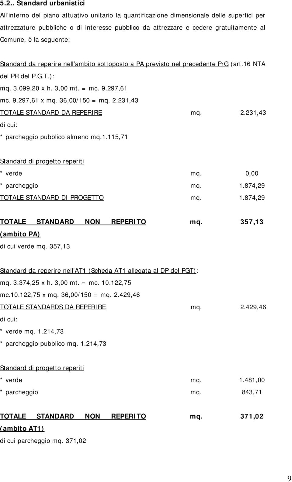 36,00/150 = mq. 2.231,43 TOTALE STANDARD DA REPERIRE mq. 2.231,43 di cui: * parcheggio pubblico almeno mq.1.115,71 Standard di progetto reperiti * verde * parcheggio mq. mq. 0,00 1.