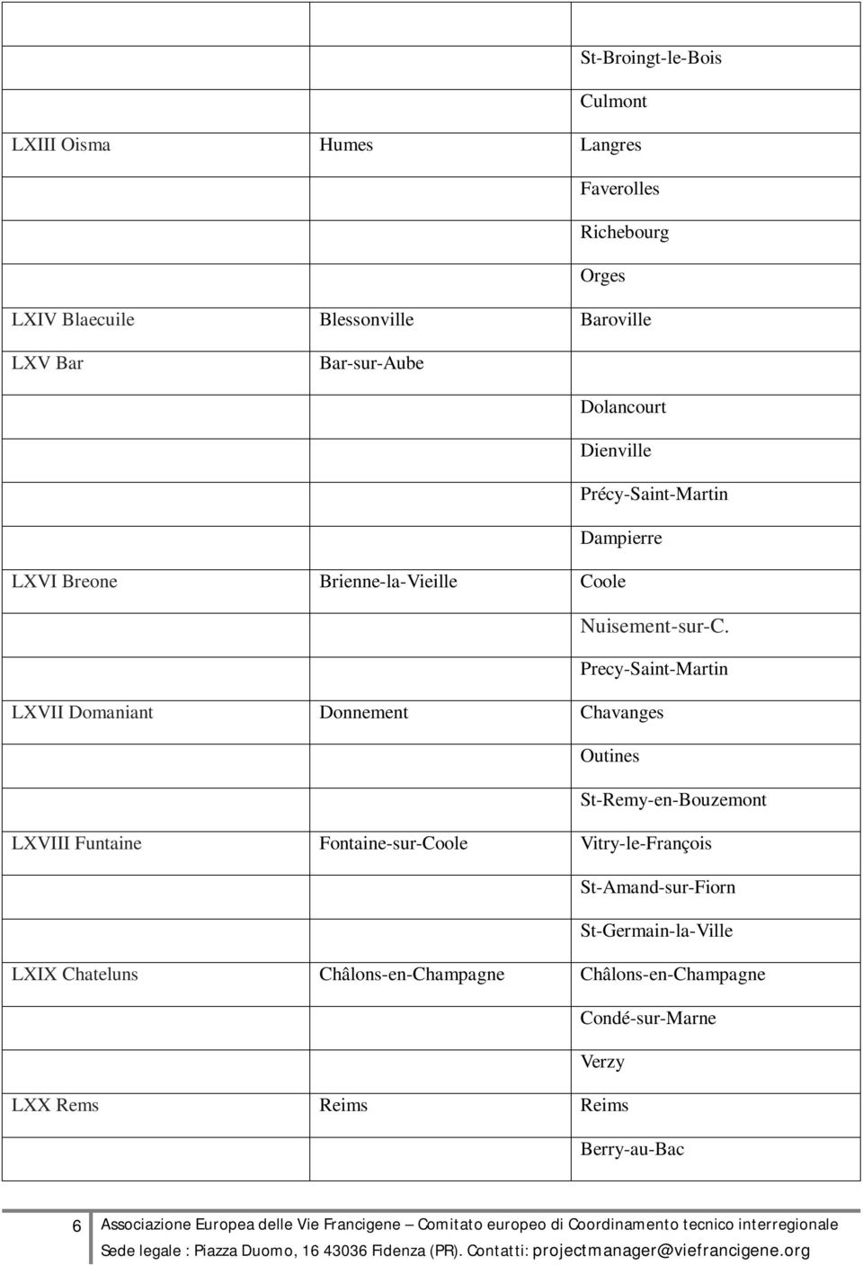 Precy-Saint-Martin LXVII Domaniant Donnement Chavanges Outines St-Remy-en-Bouzemont LXVIII Funtaine Fontaine-sur-Coole Vitry-le-François St-Amand-sur-Fiorn