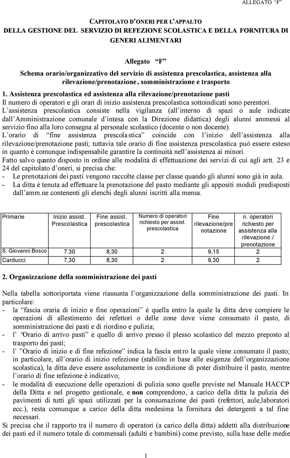 Assistenza prescolastica ed assistenza alla rilevazione/prenotazione pasti Il numero di operatori e gli orari di inizio assistenza prescolastica sottoindicati sono perentori.