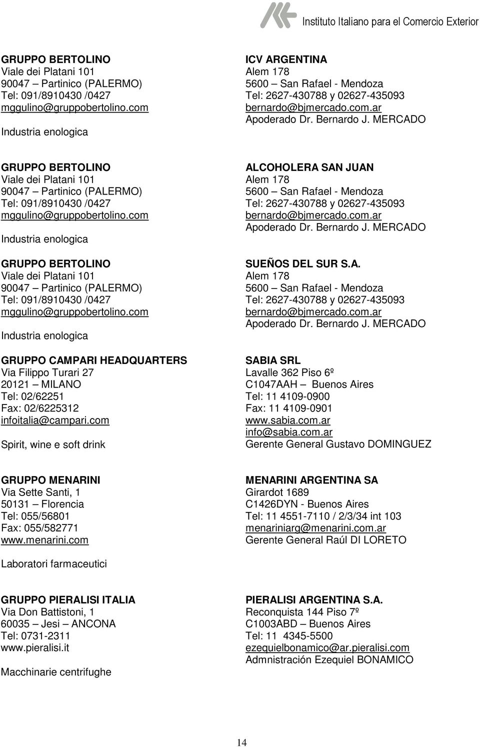 MERCADO com Industria enologica com Industria enologica GRUPPO CAMPARI HEADQUARTERS Via Filippo Turari 27 20121 MILANO Tel: 02/62251 Fax: 02/6225312 infoitalia@campari.