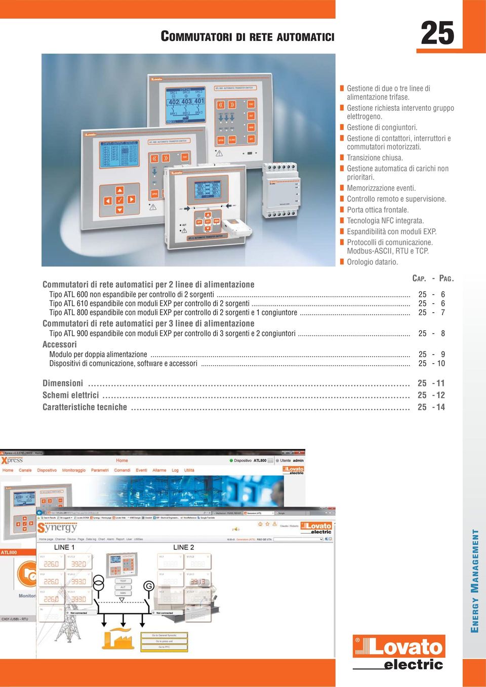 Porta ottica frontale. Tecnologia FC integrata. Espandibilità con moduli EXP. Protocolli di comunicazione. Modbus-ASCII, RTU e TCP. Orologio datario.