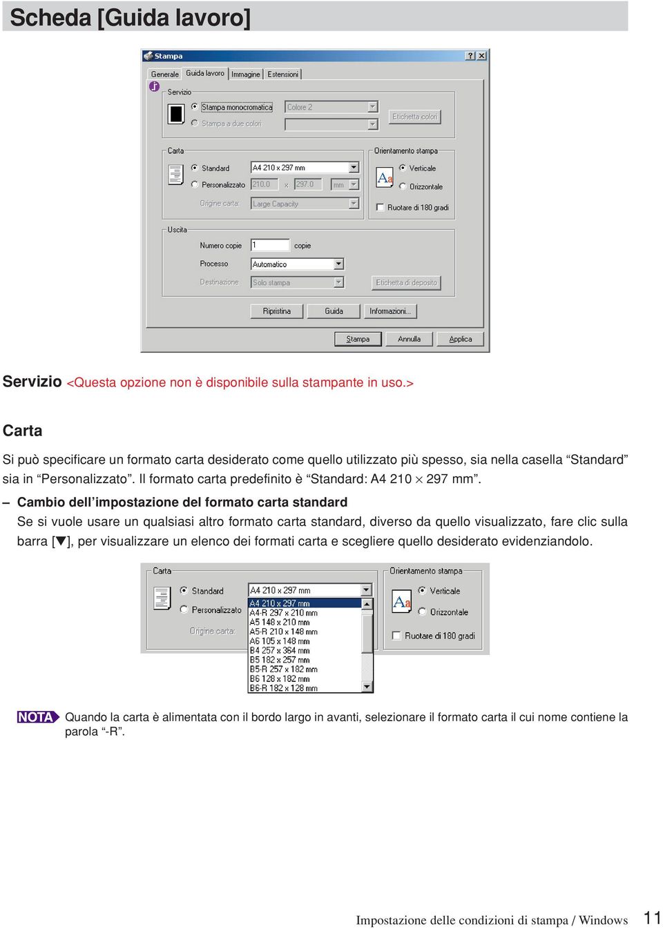 Il formato carta predefinito è Standard: A4 210 297 mm.