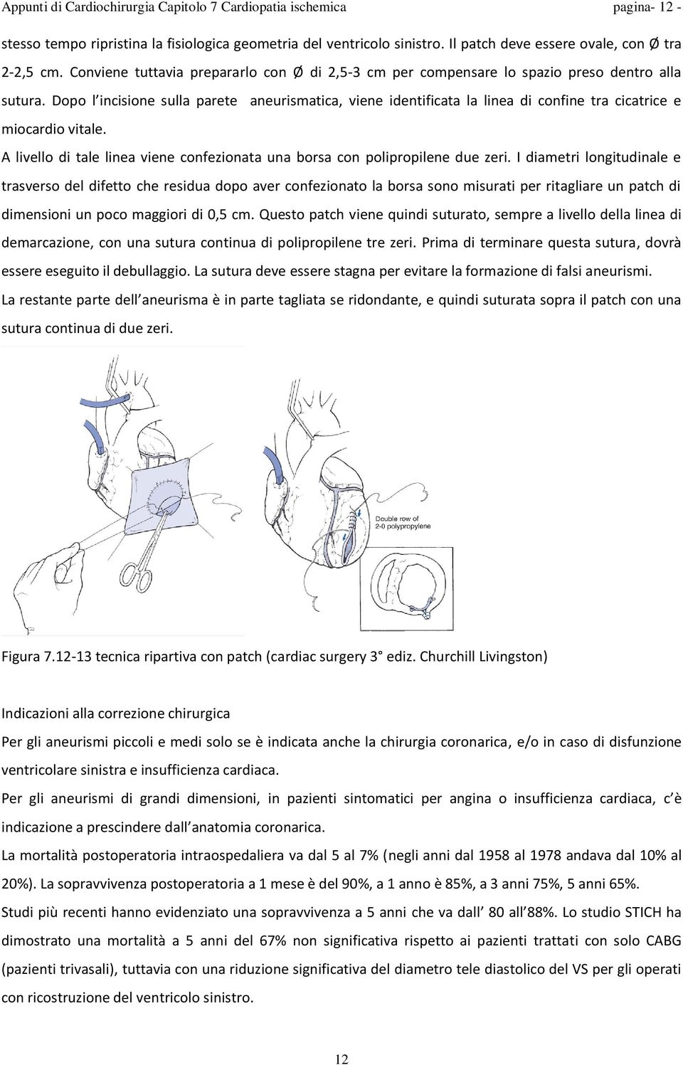 Dopo l incisione sulla parete aneurismatica, viene identificata la linea di confine tra cicatrice e miocardio vitale. A livello di tale linea viene confezionata una borsa con polipropilene due zeri.