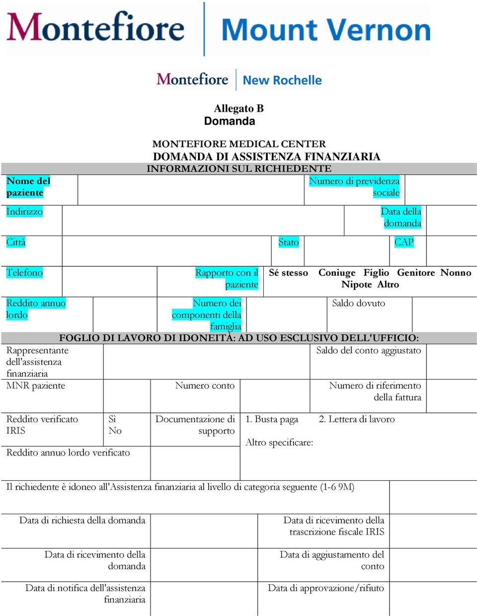 DI IDONEITÀ: AD USO ESCLUSIVO DELL'UFFICIO: Saldo del conto aggiustato MNR Numero conto Numero di riferimento della fattura Reddito verificato IRIS Sì No Reddito annuo lordo verificato Documentazione