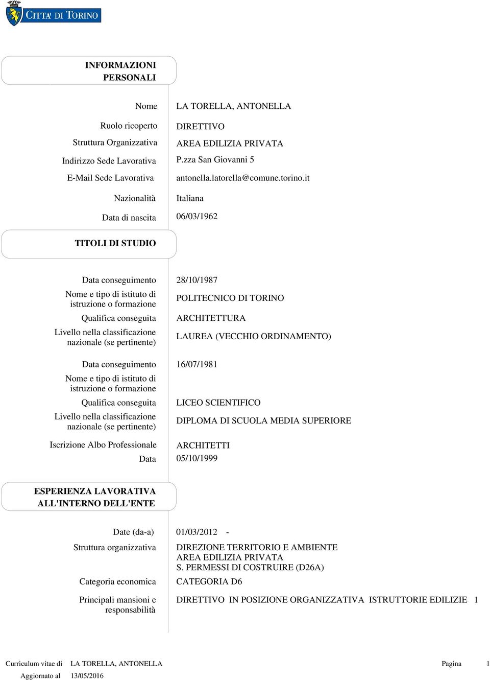 it Italiana 06/03/1962 TITOLI DI STUDIO Qualifica conseguita Livello nella classificazione nazionale (se pertinente) Qualifica conseguita Livello nella classificazione nazionale (se pertinente)
