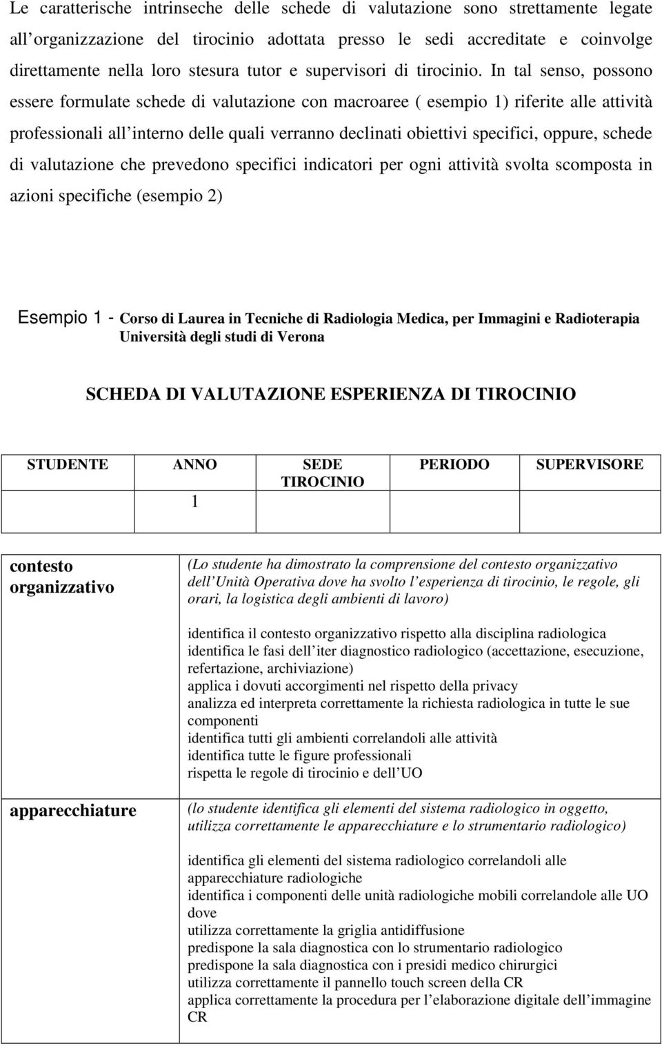 In tal senso, possono essere formulate schede di valutazione con macroaree ( esempio 1) riferite alle attività professionali all interno delle quali verranno declinati obiettivi specifici, oppure,