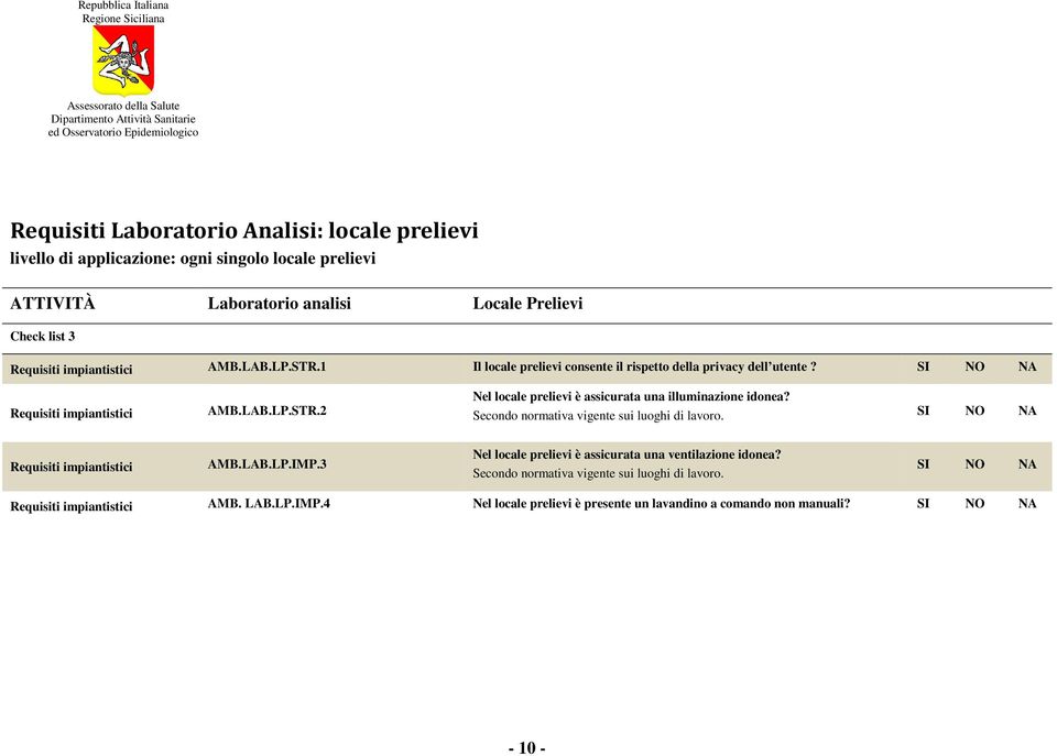 AMB.LAB.LP.STR.2 Nel locale prelievi è assicurata una illuminazione idonea? AMB.LAB.LP.IMP.