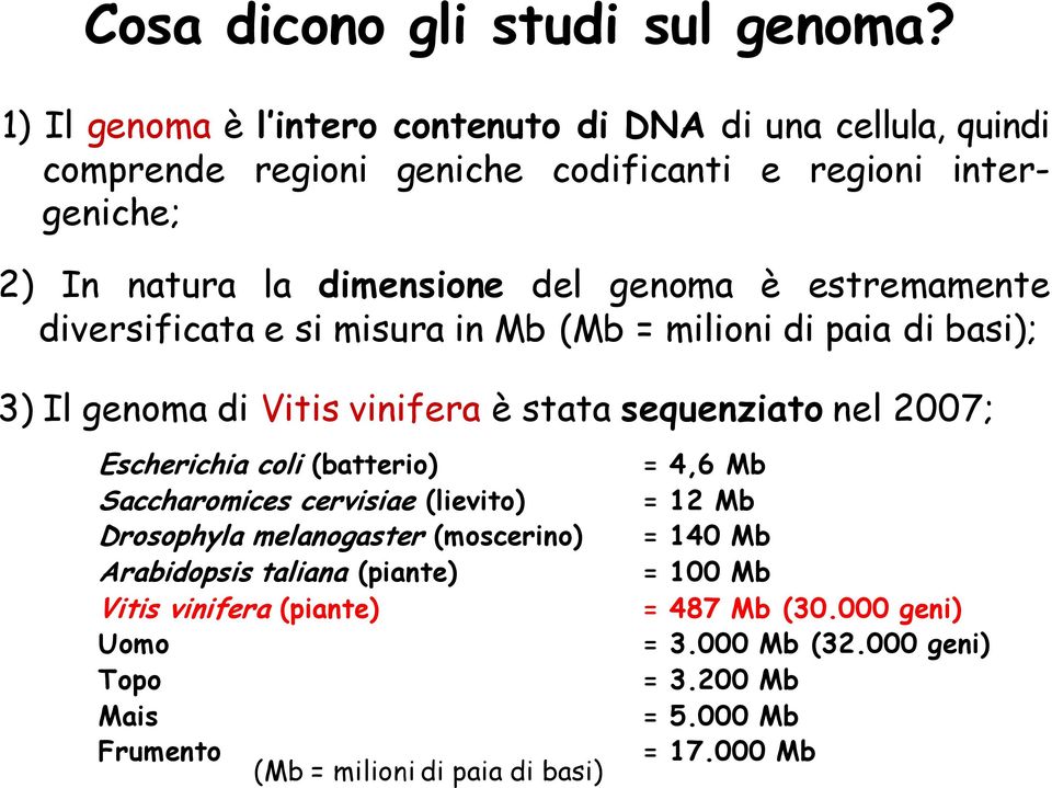 è estremamente diversificata e si misura in Mb (Mb = milioni di paia di basi); 3) Il genoma di Vitis vinifera è stata sequenziato nel 2007; Escherichia coli