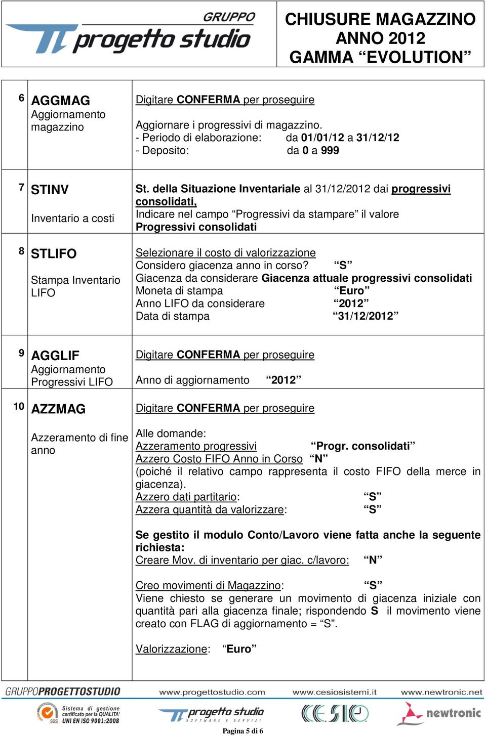 della Situazione Inventariale al 31/12/2012 dai progressivi consolidati, Indicare nel campo Progressivi da stampare il valore Progressivi consolidati Selezionare il costo di valorizzazione Considero