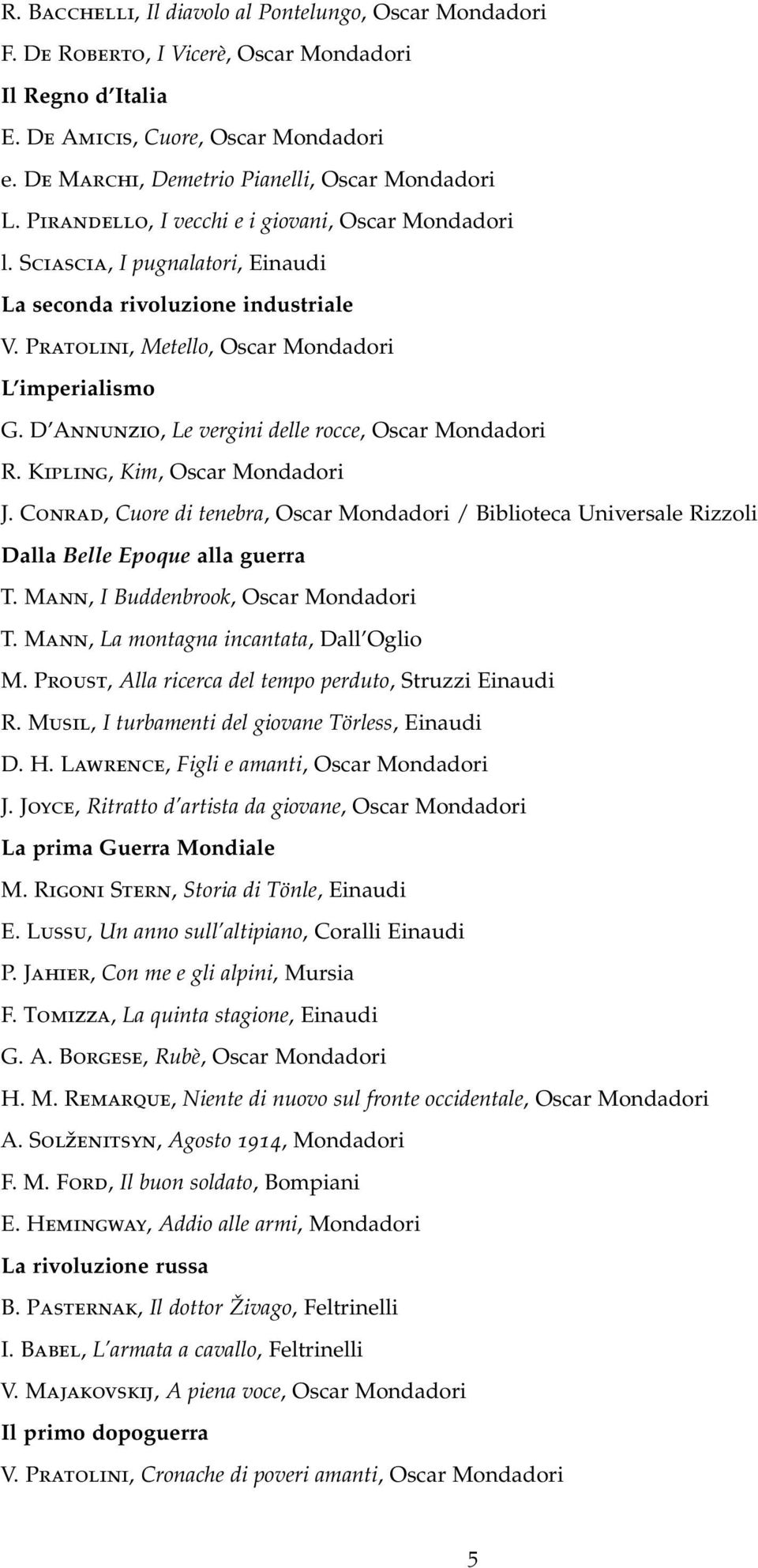 Pratolini, Metello, Oscar Mondadori L imperialismo G. D Annunzio, Le vergini delle rocce, Oscar Mondadori R. Kipling, Kim, Oscar Mondadori J.