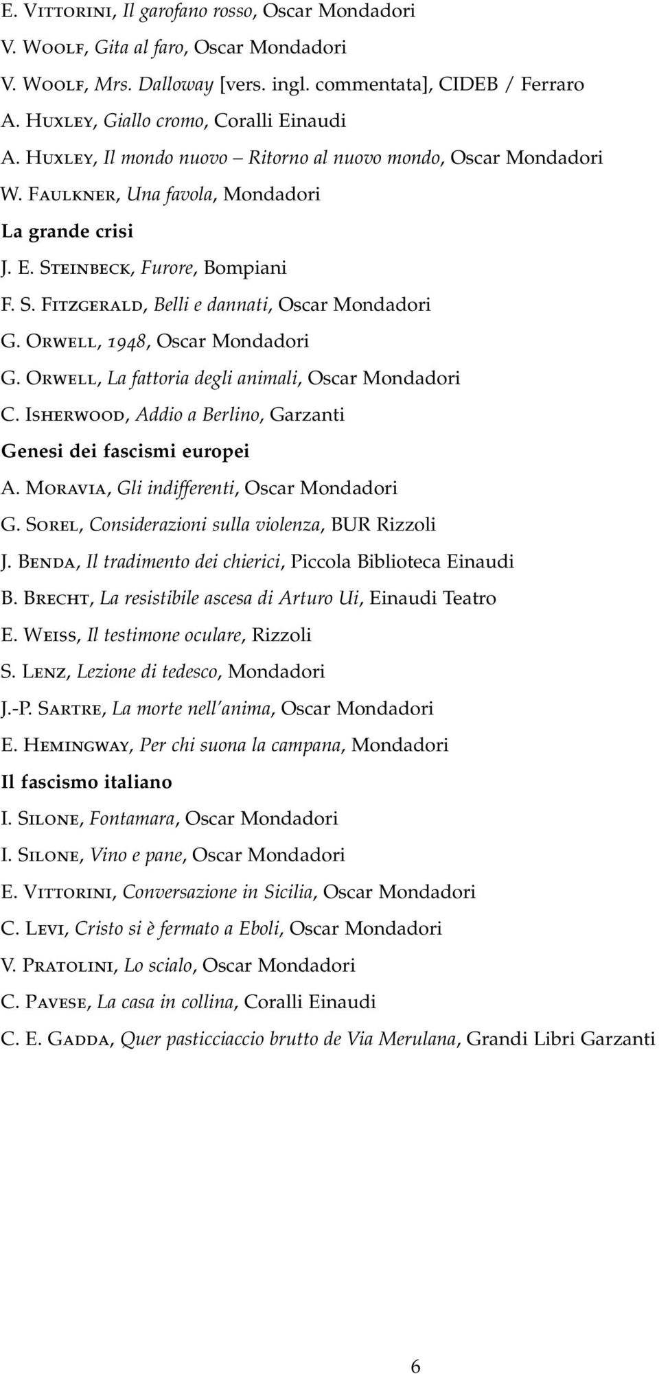 Orwell, 1948, Oscar Mondadori G. Orwell, La fattoria degli animali, Oscar Mondadori C. Isherwood, Addio a Berlino, Garzanti Genesi dei fascismi europei A. Moravia, Gli indifferenti, Oscar Mondadori G.