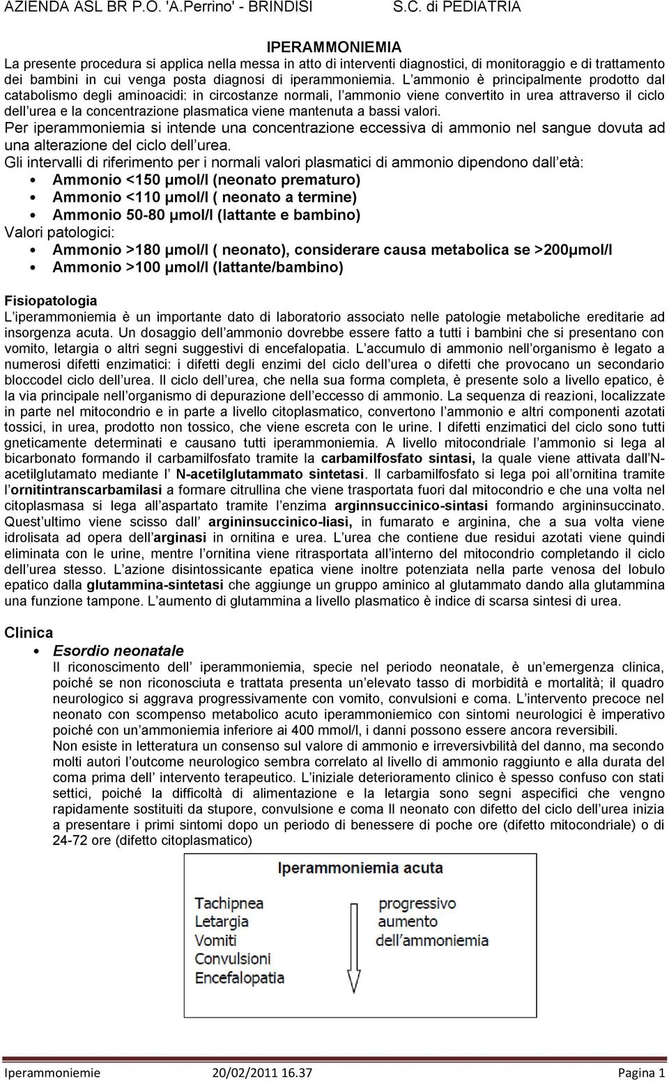 mantenuta a bassi valori. Per iperammoniemia si intende una concentrazione eccessiva di ammonio nel sangue dovuta ad una alterazione del ciclo dell urea.