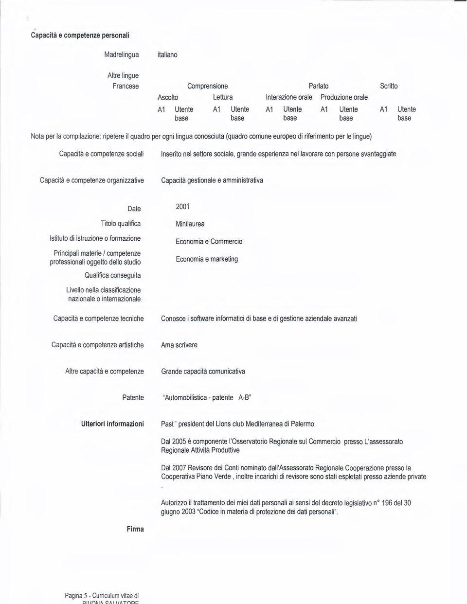 sociale, grande esperienza nel lavorare con persone svantaggiate Capacità e competenze organizzative Capacità gestionale e amministrativa Titolo qualifica Istituto di istruzione o formazione