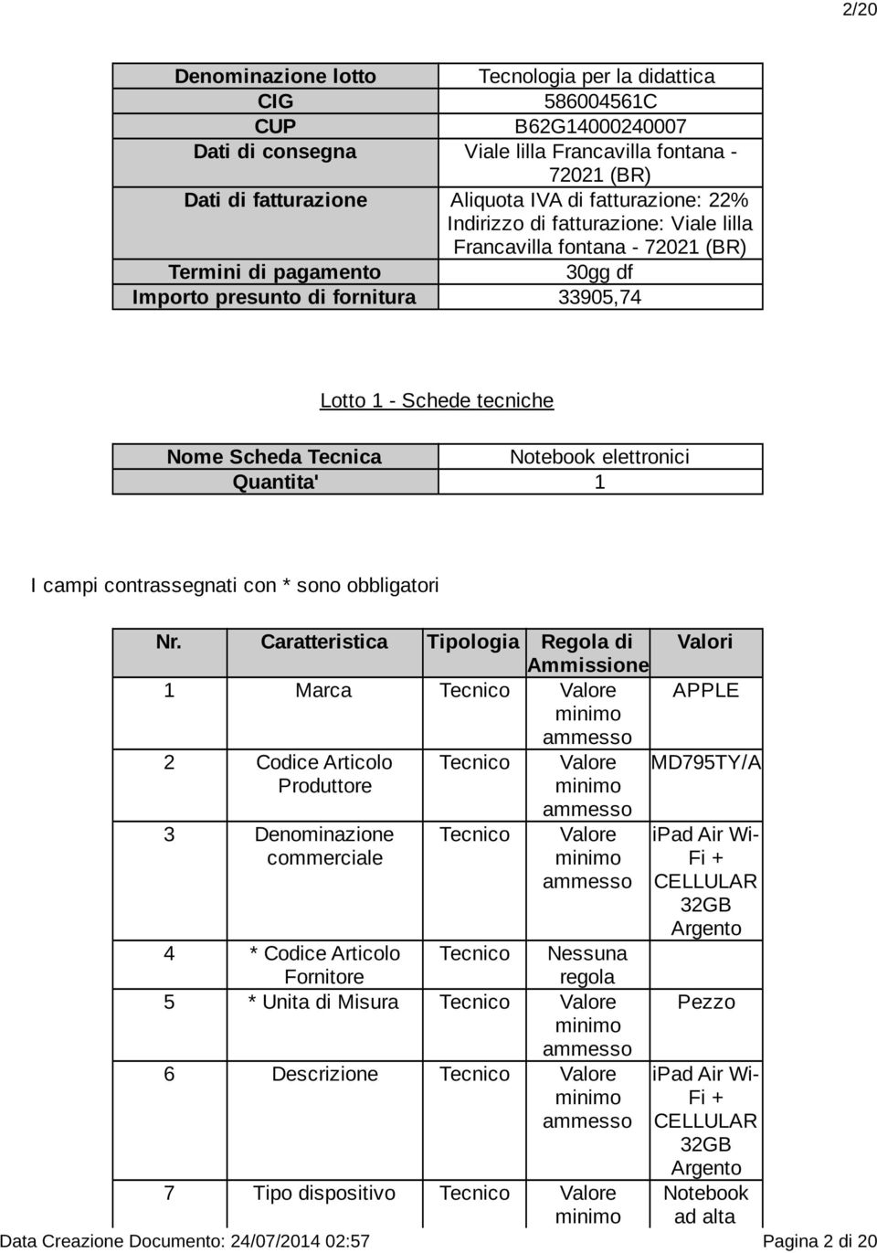 33905,74 Nome Scheda Tecnica Notebook elettronici Quantita' 1 1 Marca APPLE 2 Codice Articolo Produttore MD795TY/A 4 * Codice Articolo Fornitore 5 * Unita di Misura 6