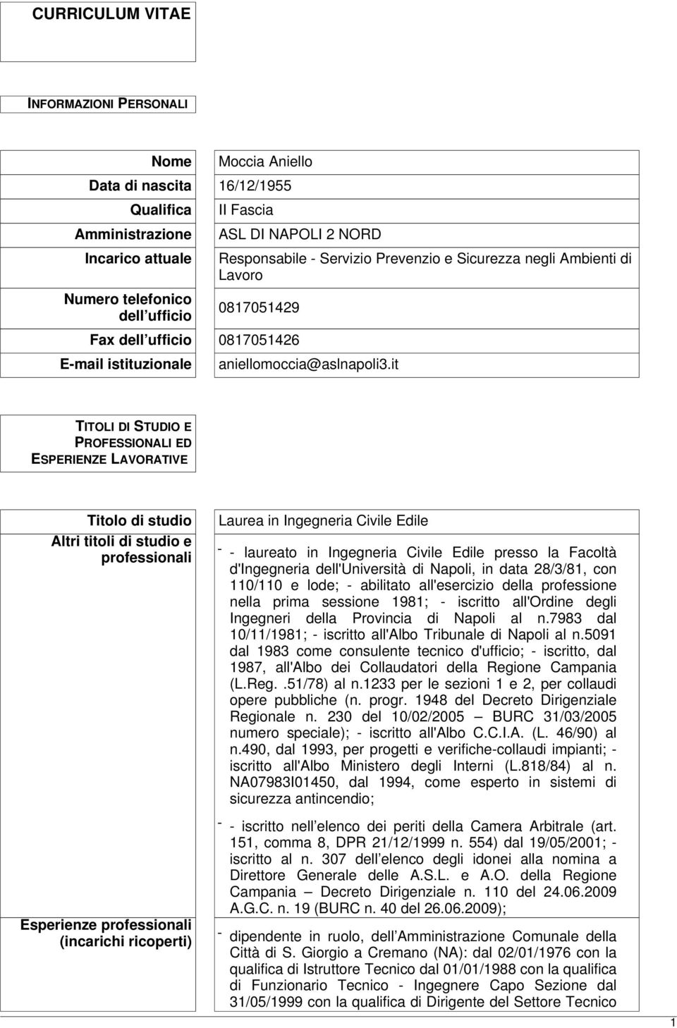 it TITOLI DI STUDIO E PROFESSIONALI ED ESPERIENZE LAVORATIVE Titolo di studio Altri titoli di studio e professionali Esperienze professionali (incarichi ricoperti) Laurea in Ingegneria Civile Edile -