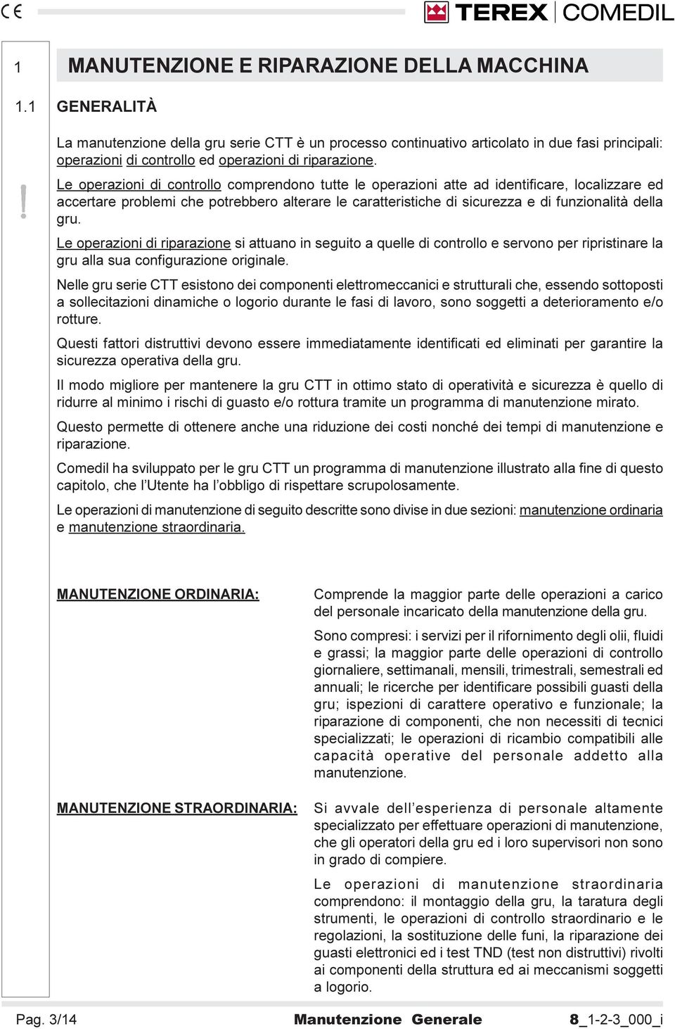 Le operazioni di controllo comprendono tutte le operazioni atte ad identificare, localizzare ed accertare problemi che potrebbero alterare le caratteristiche di sicurezza e di funzionalità della gru.